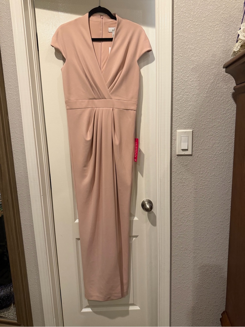 Badgley Mischka Blush Pink Cap-Sleeve Faux-Wrap Maxi Dress